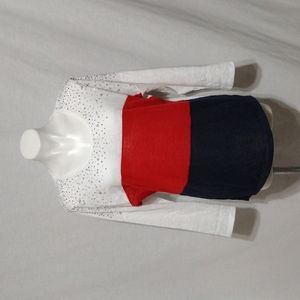 Vecceli Italy Colorblock Rhinestone Pearl Blouse Roll Tab Sleeve Glam Top Large